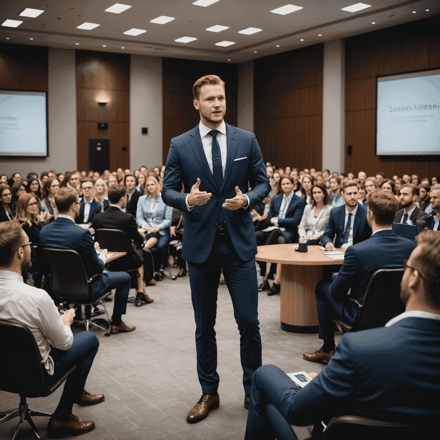 Martin Mikiski přednáší na konferenci pro začínající podnikatele. Je oblečen v elegantním obleku a gestikuluje před publikem plným mladých, nadšených lidí.