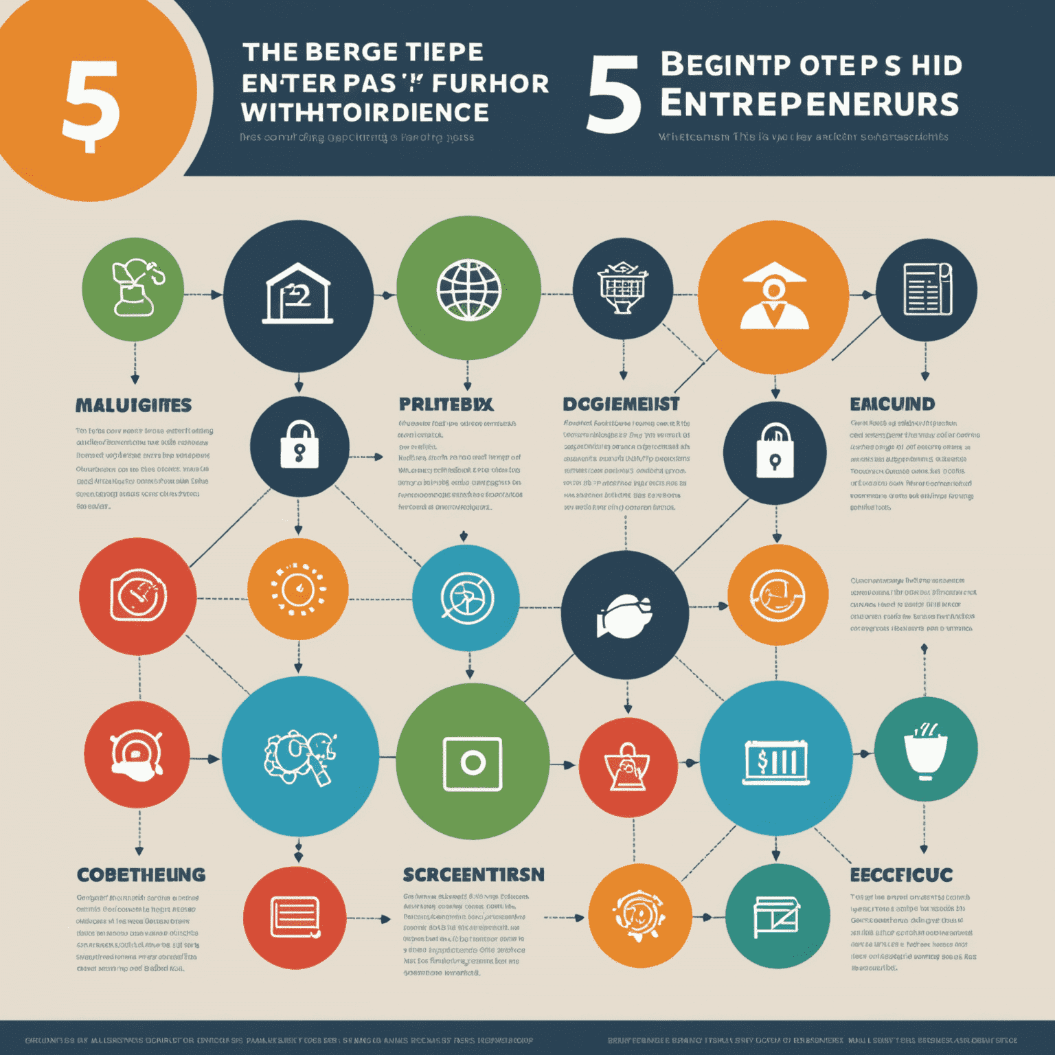 Infografika zobrazující 5 klíčových rad pro začínající podnikatele, s ikonami reprezentujícími každou radu.